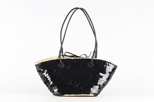 LOEWE + PAULA'S IBIZA BLACK ANAGRAM SMALL SEQUIN AND STRAW SHOULDER BAG