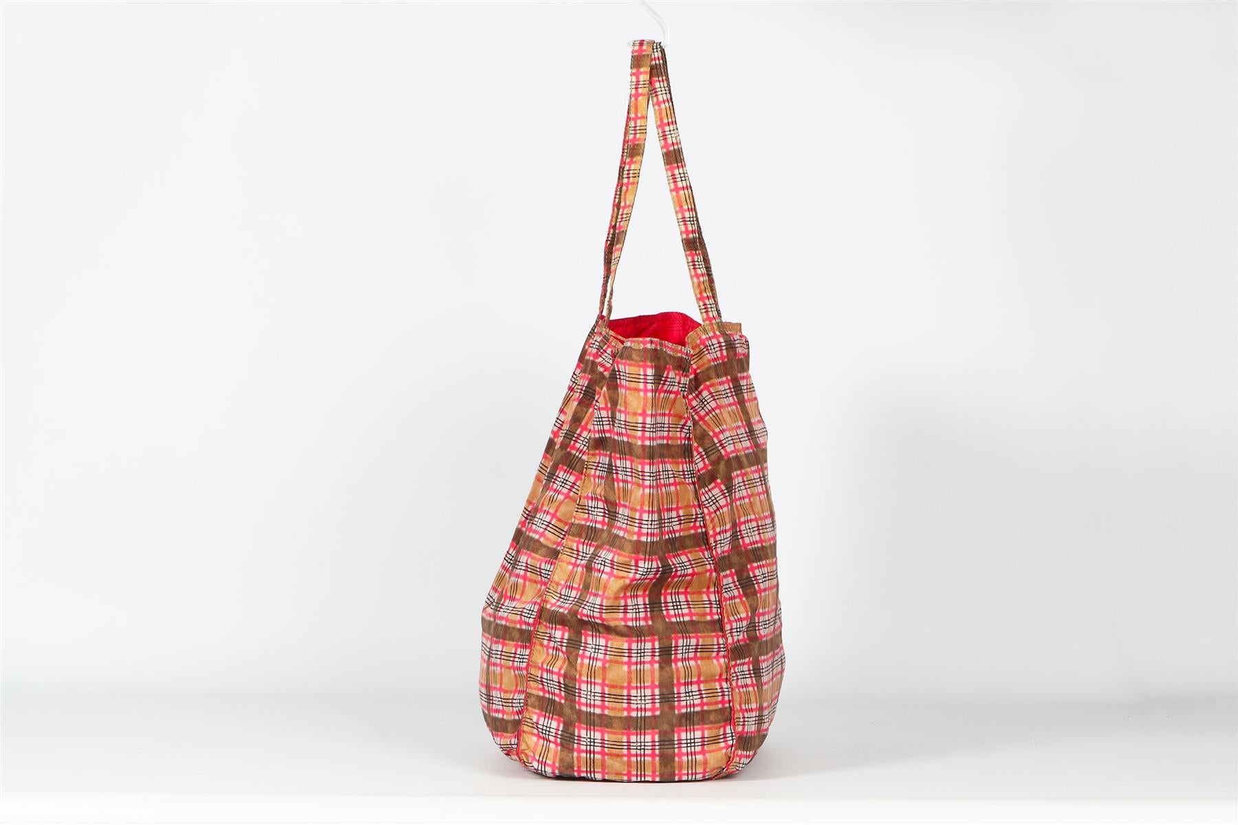 PRADA PINK AND TAN CHECKED NYLON TOTE BAG AND POUCH