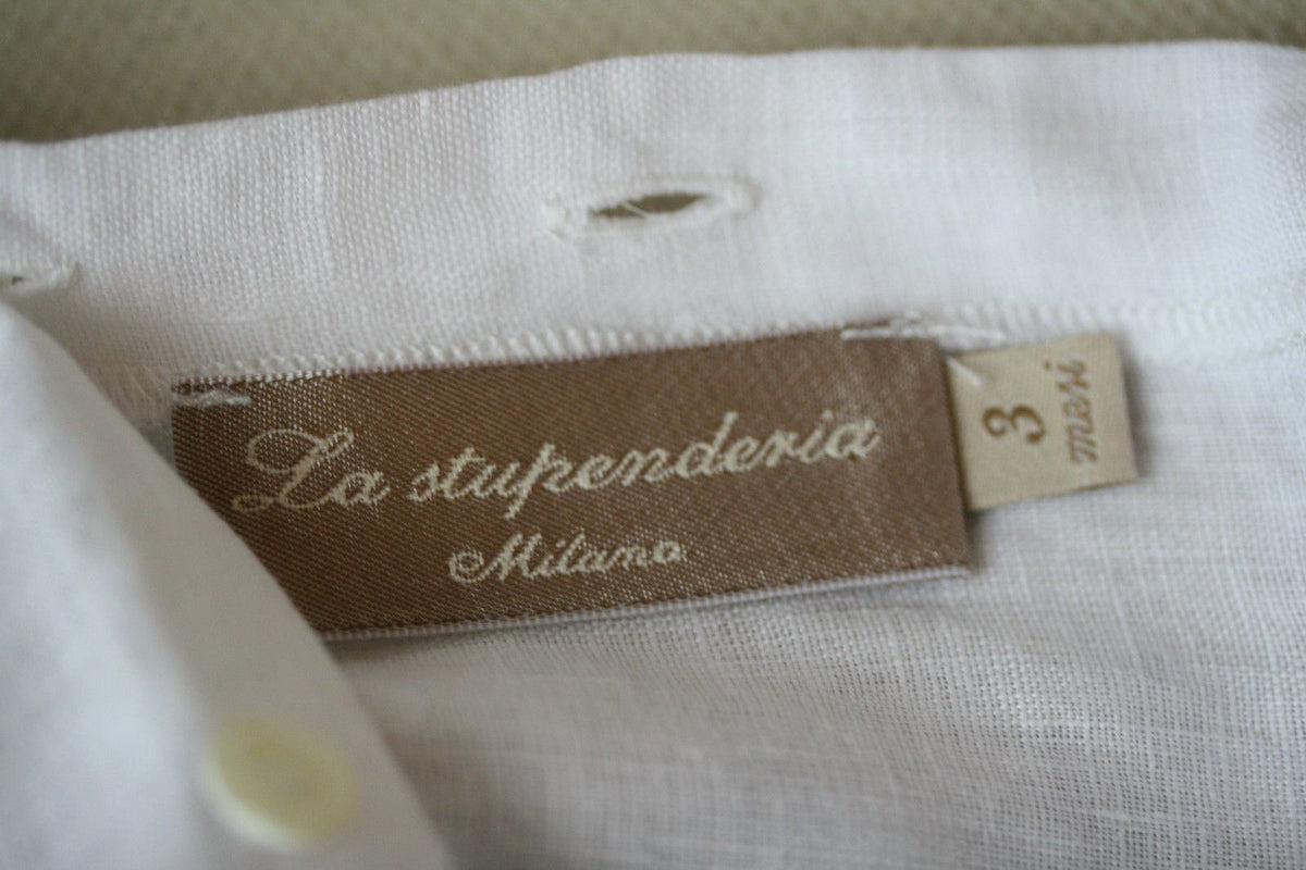 LA STUPENDERIA PALE BLUE LINEN BUSTER ROMPER 3 MONTHS
