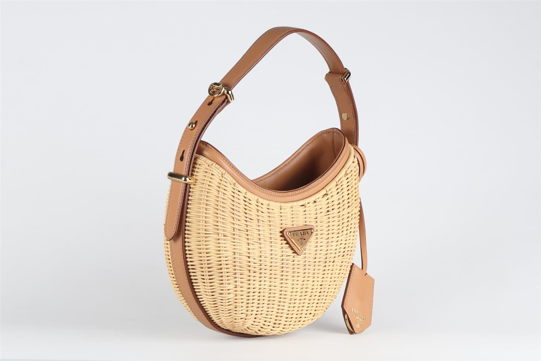 PRADA BEIGE ARQUÉ WICKER AND LEATHER TOTE BAG