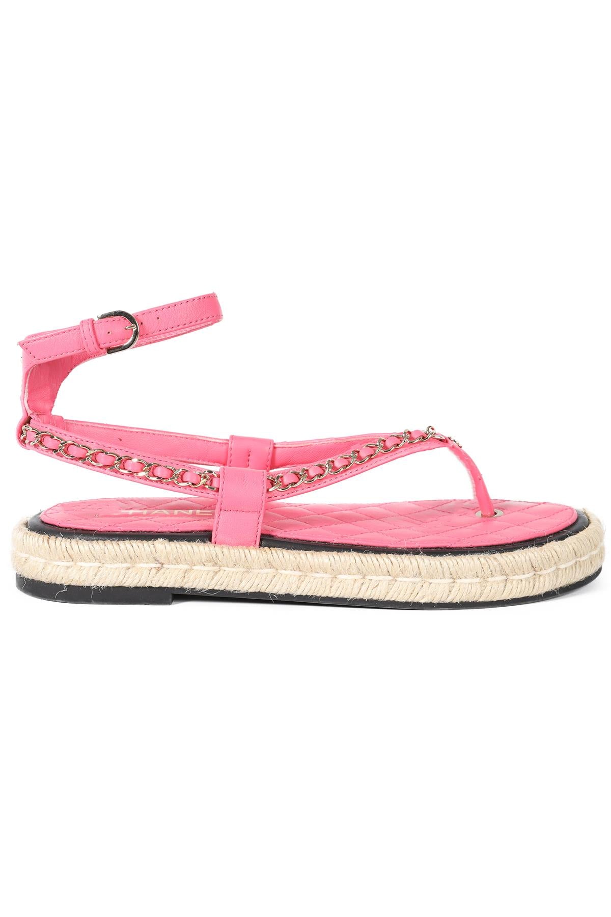 CHANEL PINK 2021 CHAIN AND QUILTED LEATHER THONG SANDALS EU 38 UK 5 US 8