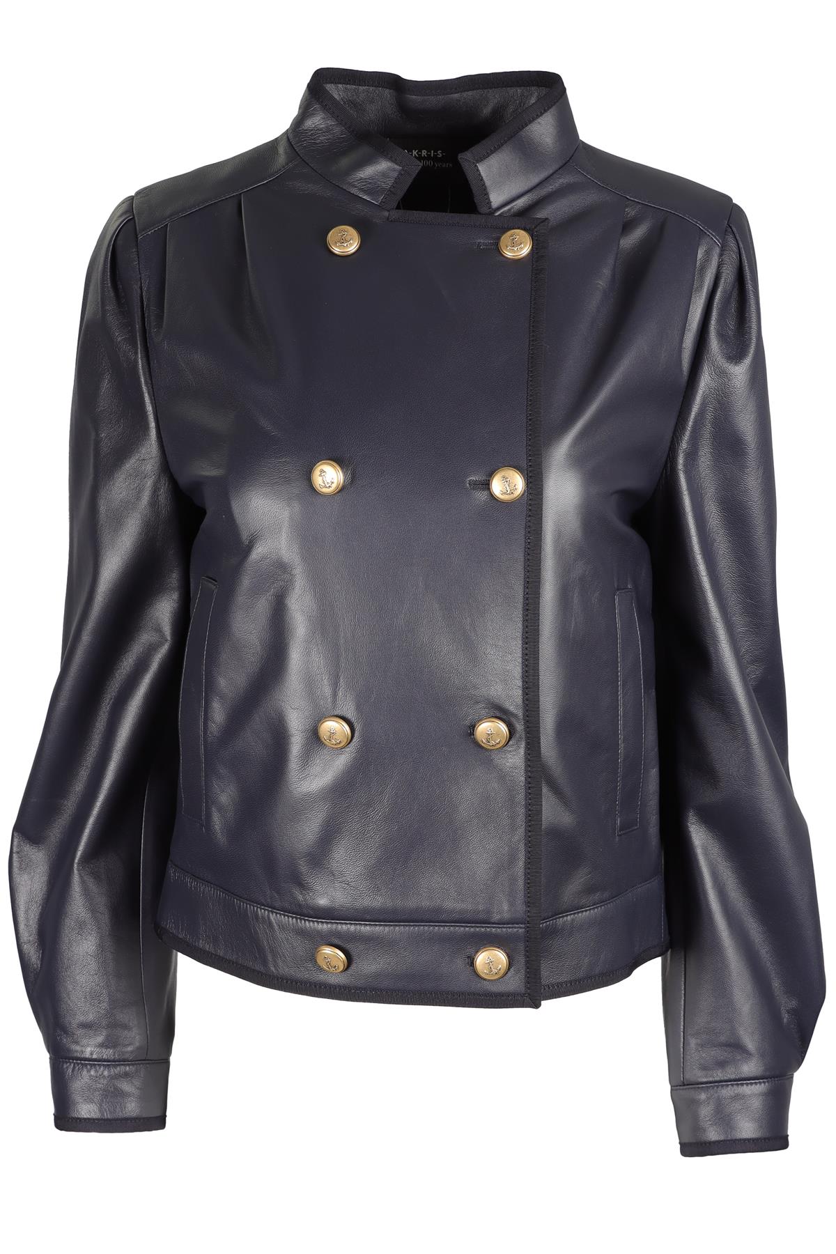 AKRIS NAVY LEATHER JACKET US 4 UK 8