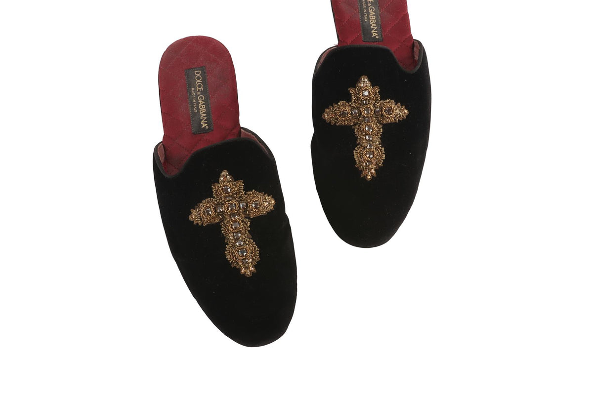 DOLCE & GABBANA BLACK MEN'S VELVET SLIPPERS UK 9 EU 43 US 10
