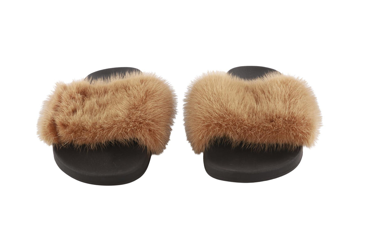 GIVENCHY TAN FUR AND RUBBER SLIDES EU 38 UK 5 US 8