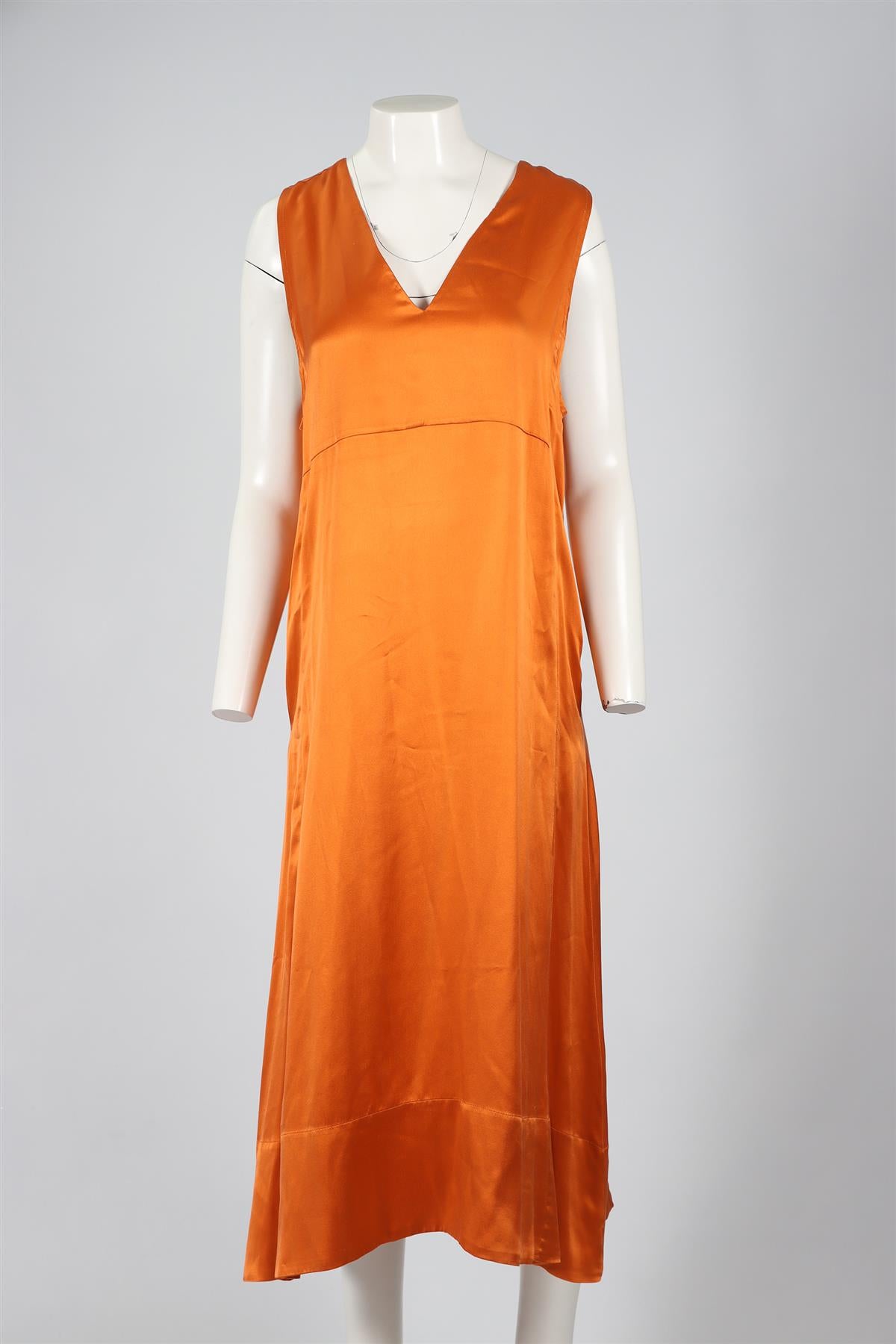 ASCENO ORANGE SILK MIDI DRESS MEDIUM