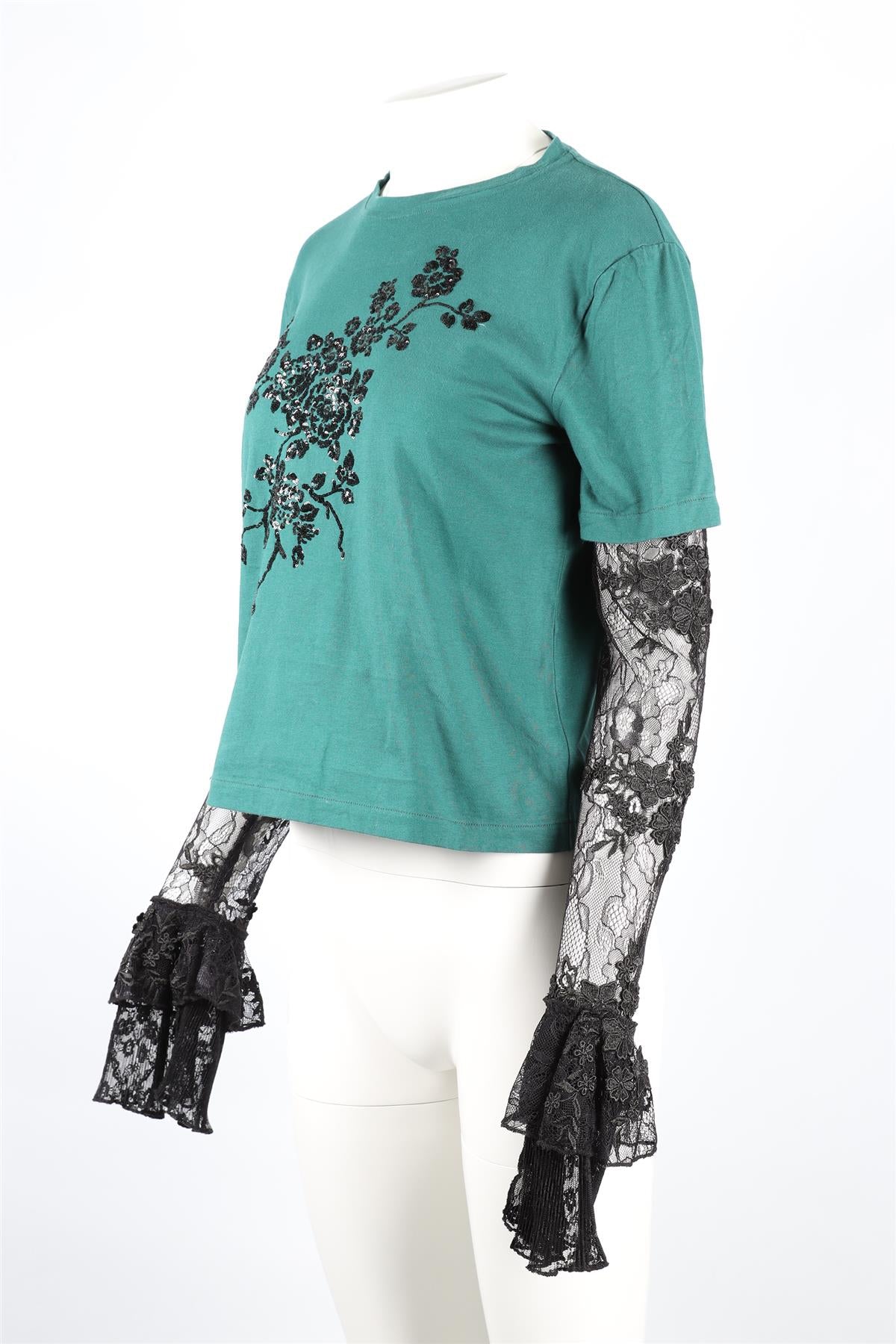 GIUSEPPE DI MORABITO GREEN AND BLACK LACE AND COTTON TOP IT 42 UK 10