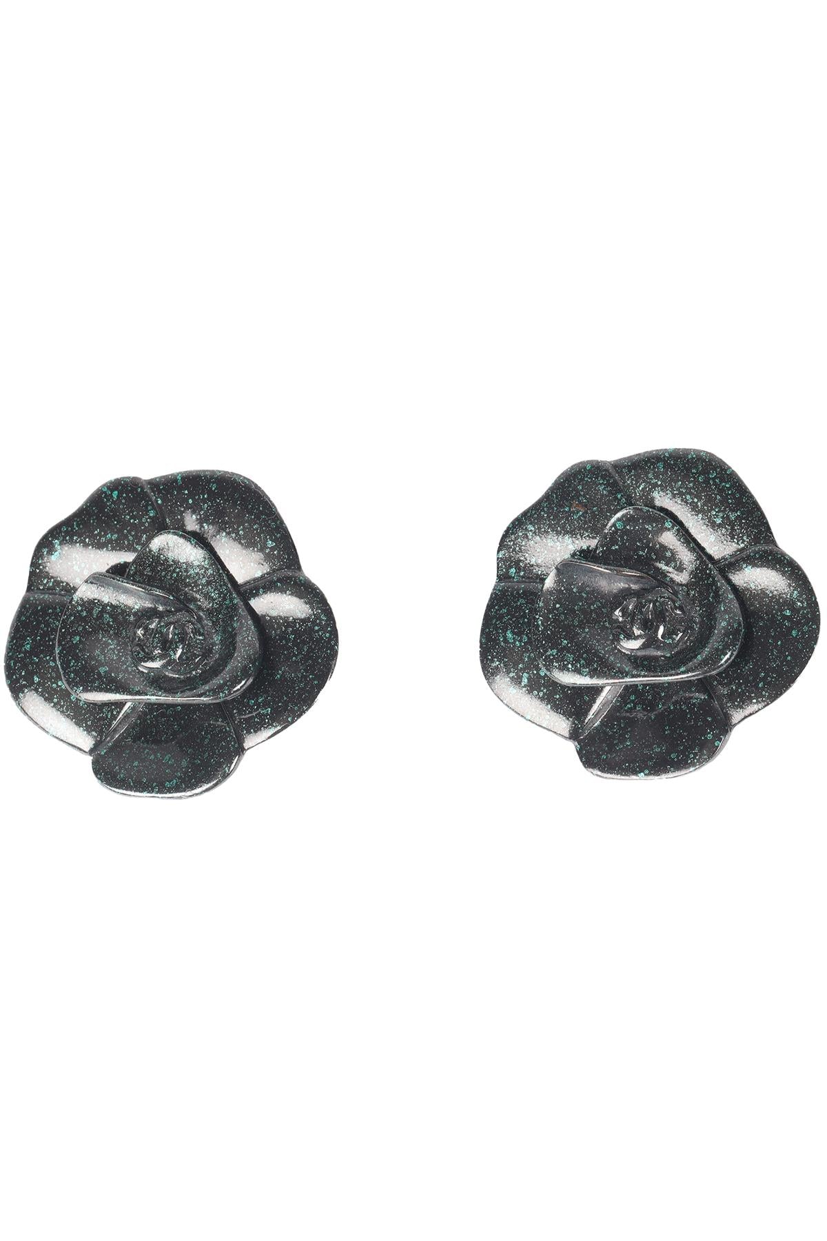 CHANEL GREEN 2001 CAMELIA CLIP EARRINGS