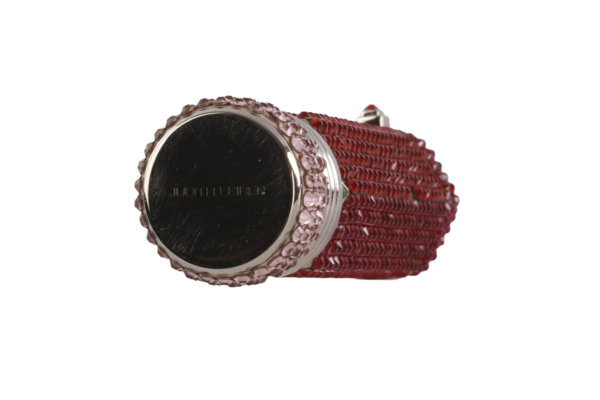 JUDITH LEIBER RED CRYSTAL AND SILVER TONE PILL BOX