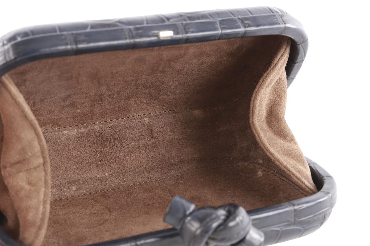 BOTTEGA VENETA NAVY KNOT CROCODILE CLUTCH