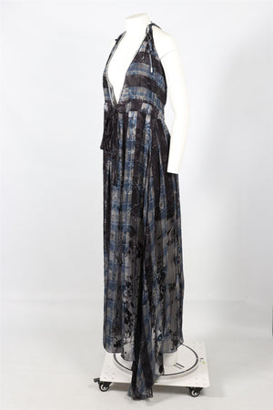 PREEN BY THORNTON BREGAZZI NAVY AND BLUE CHECKED CHIFFON MAXI WRAP DRESS MEDIUM