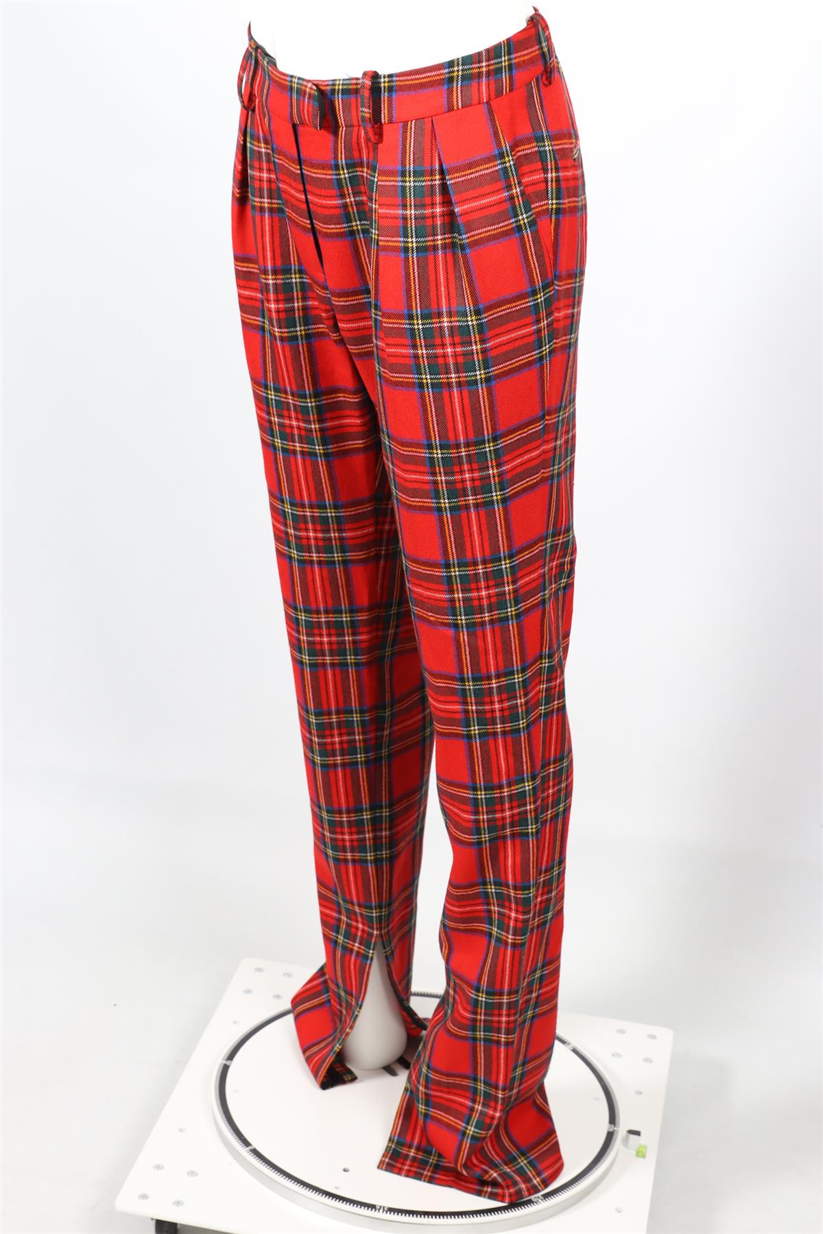 PREEN BY THORNTON BREGAZZI RED CHECKED SILK BLEND STRAIGHT LEG PANTS XSMALL