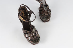 YVES SAINT LAURENT BROWN TRIBUTE SNAKESKIN PLATFORM SANDALS EU 38.5 UK 5.5 US 8.5