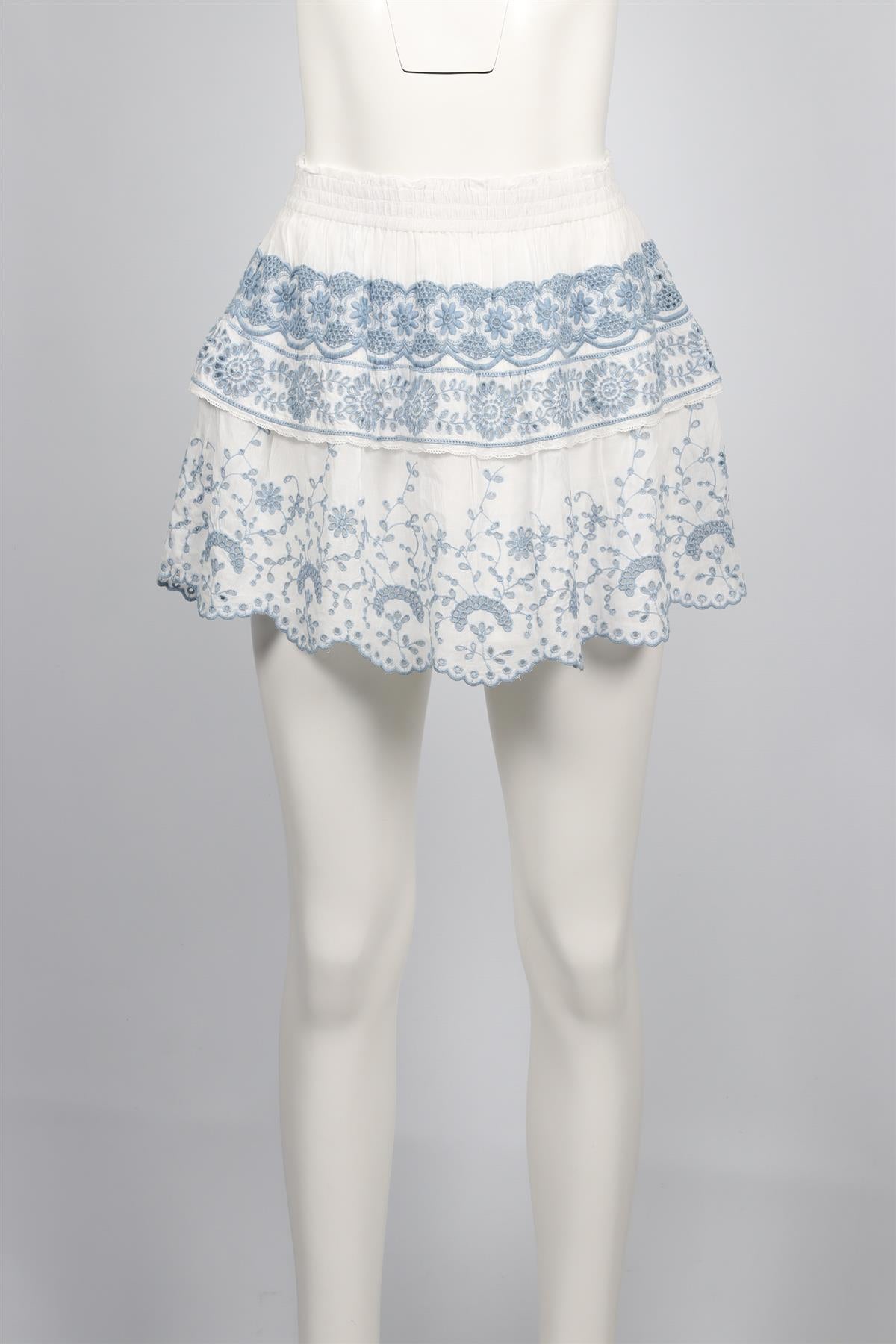 LOVESHACKFANCY WHITE AND BLUE VOILE MINI SKIRT SMALL