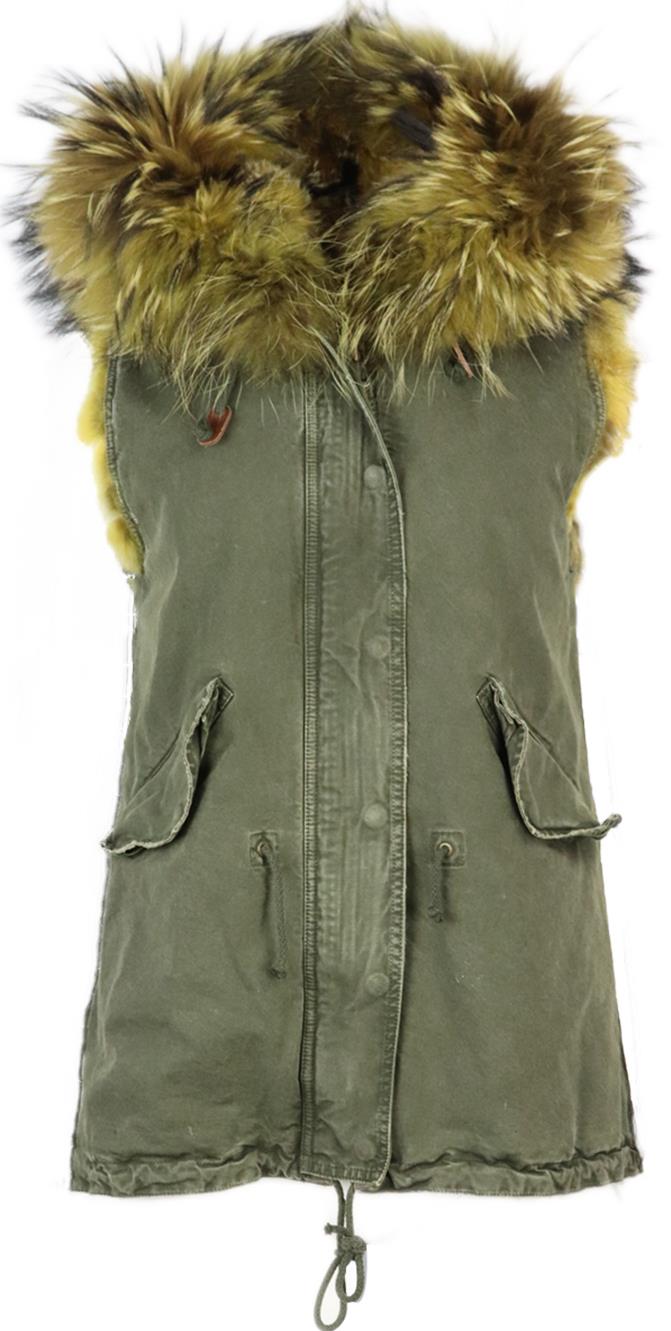 GOLD RUSH HOODED FOX FUR LINED COTTON CANVAS GILET IT 42 UK 10