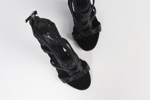 GIUSEPPE ZANOTTI BLACK CRYSTAL AND SATIN SANDALS EU 37.5 UK 4.5 US 7.5