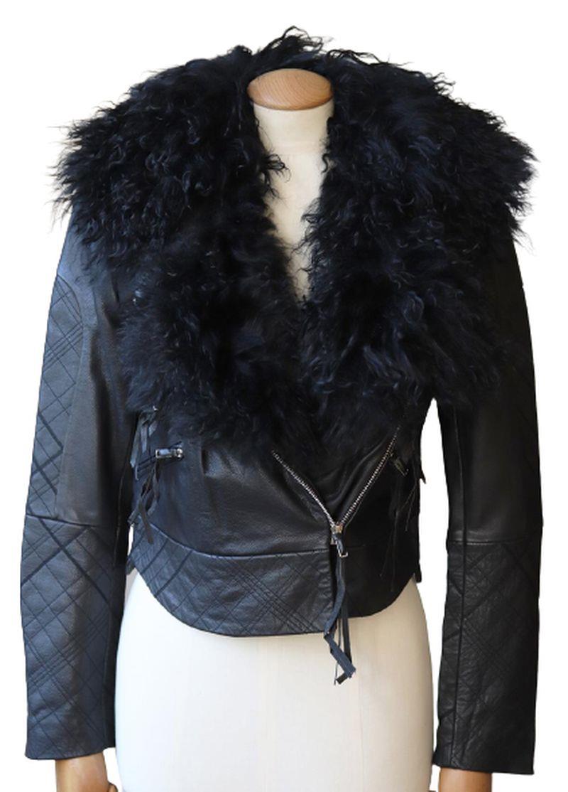 PREEN BY THORNTON BREGAZZI WILMER SHEARLING LINED LEATHER BIKER JACKET XSMALL