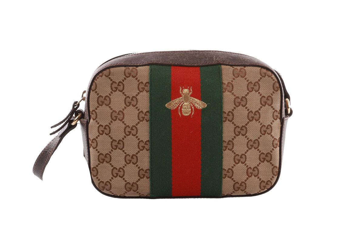 BROWN WEBBY BEE GG CANVAS SHOULDER BAG
