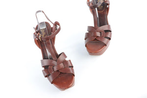 YVES SAINT LAURENT BROWN LEATHER PLATFORM SANDALS