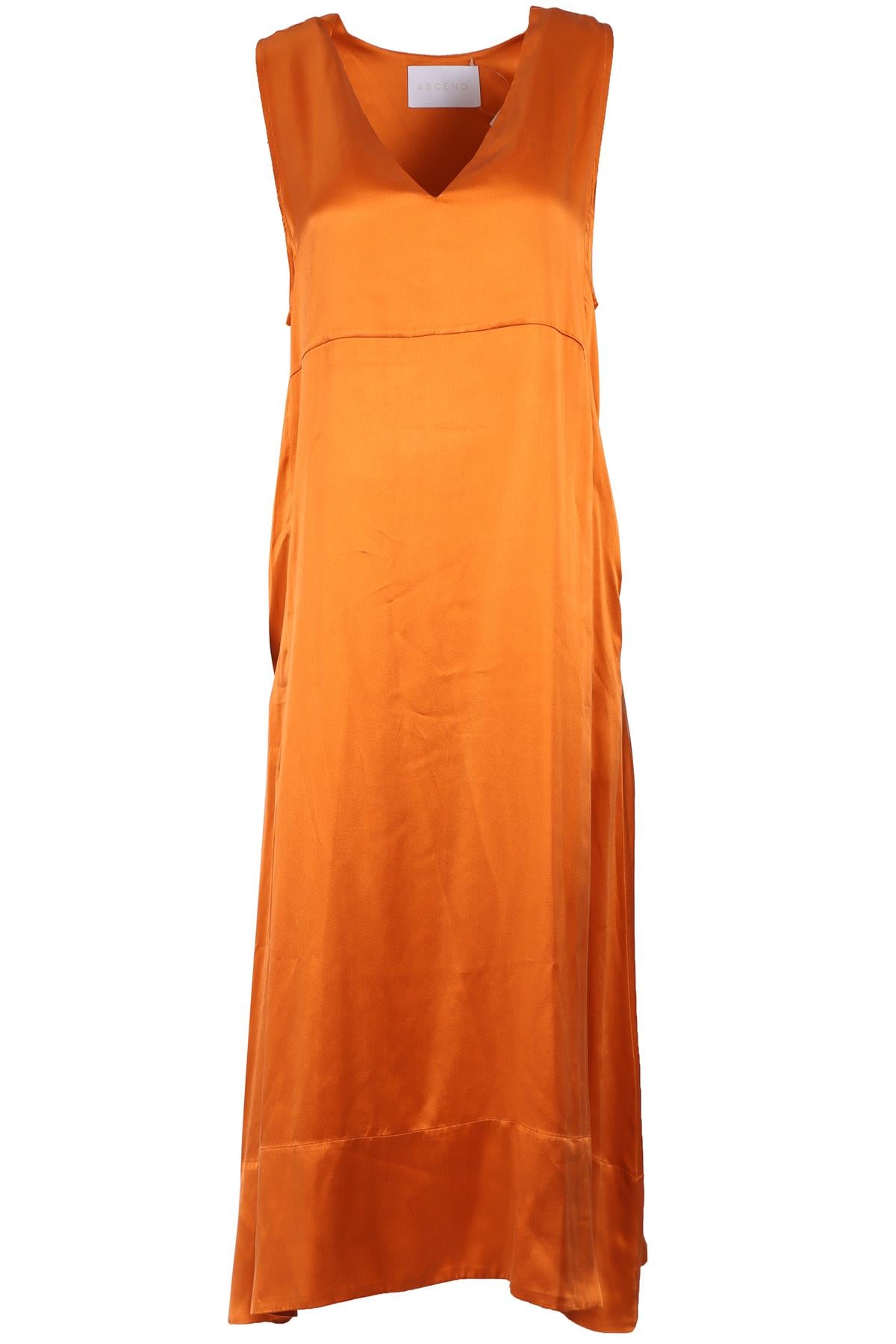 ASCENO ORANGE SILK MIDI DRESS MEDIUM
