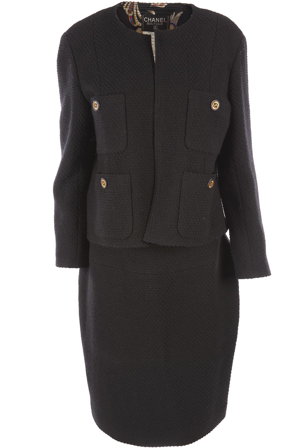 CHANEL BLACK 1991 WOOL SKIRT SUIT FR 46