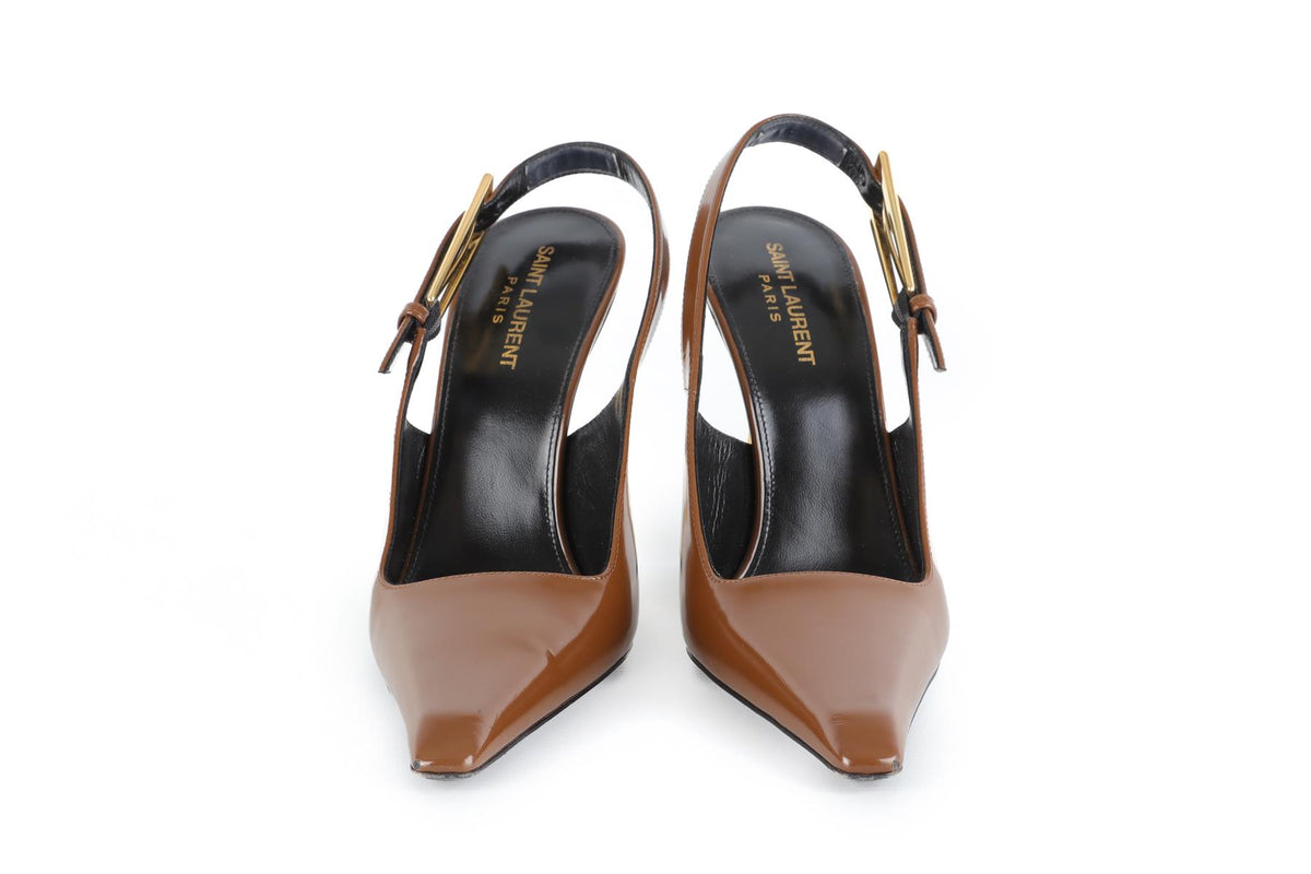SAINT LAURENT BROWN LEATHER SLINGBACK PUMPS EU 39.5 UK 6.5 US 9.5