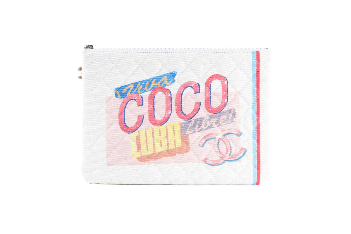 CHANEL WHITE 2017 O-CASE MEDIUM CANVAS CLUTCH