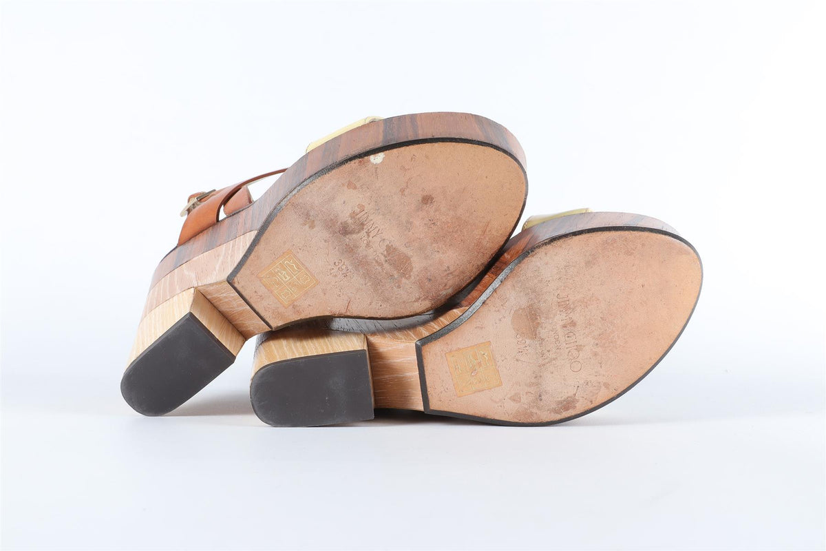 JIMMY CHOO BROWN LEATHER WEDGE SANDALS EU 38.5, UK 5.5, US 8.5