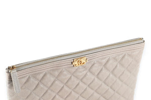 CHANEL GREY 2019 BOY O CASE MEDIUM QUILTED CAVIAR LEATHER CLUTCH