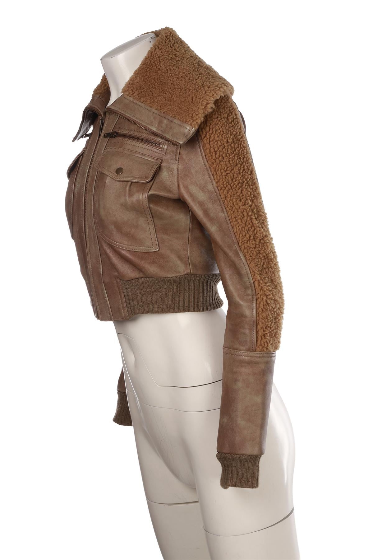 GREEN SHEARLING AND LEATHER JACKET