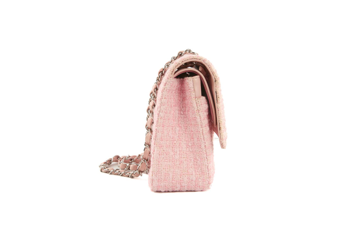 CHANEL PINK 2003-2004 CLASSIC DOUBLE FLAP MEDIUM TWEED SHOULDER BAG