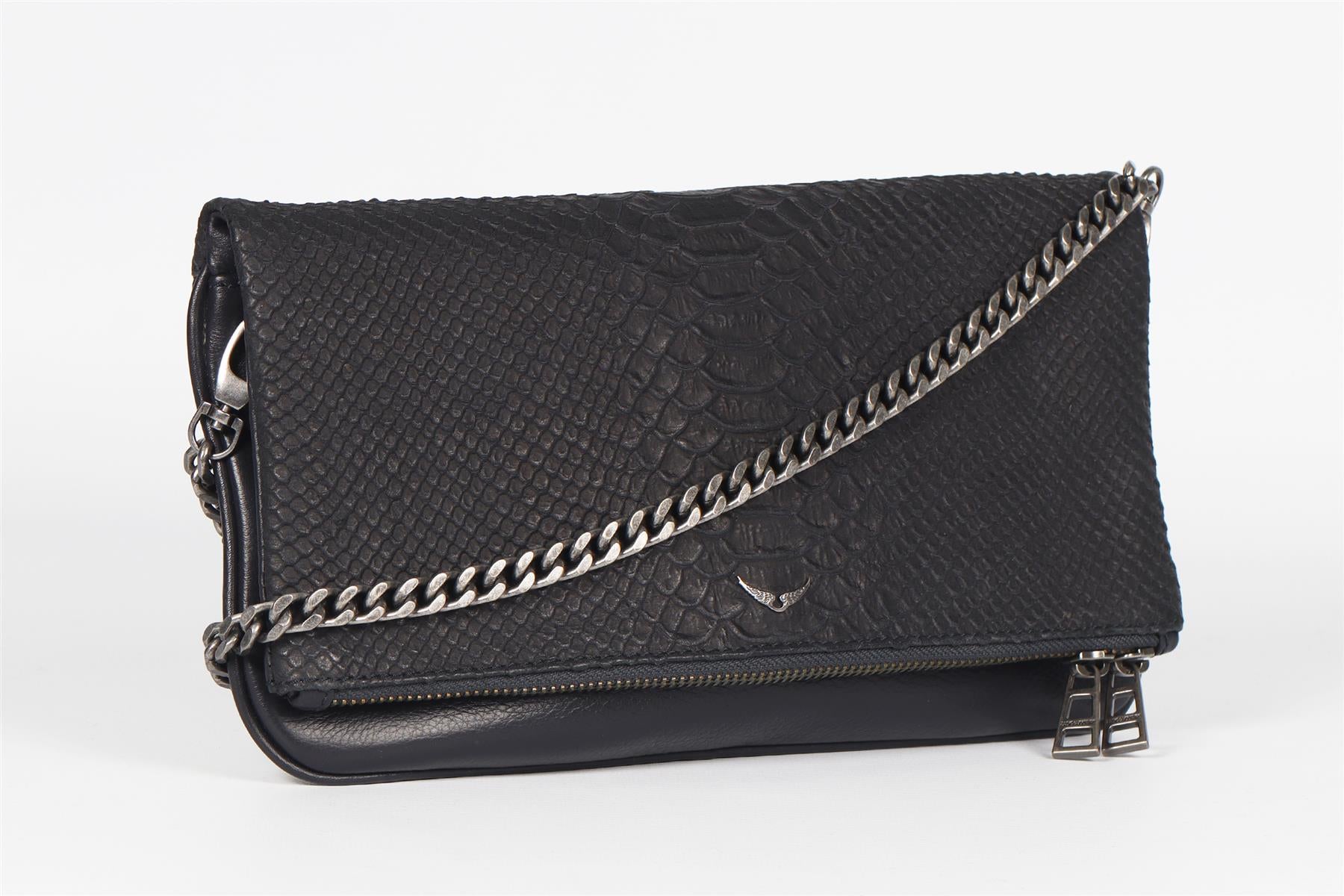 ZADIG & VOLTAIRE BLACK SAVAGE SNAKE EFFECT LEATHER SHOULDER BAG