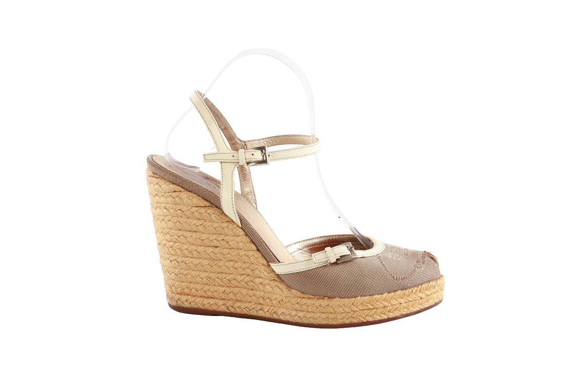 PRADA BEIGE WOVEN WEDGE SANDALS EU 39.5 UK 6.5 US 9.5