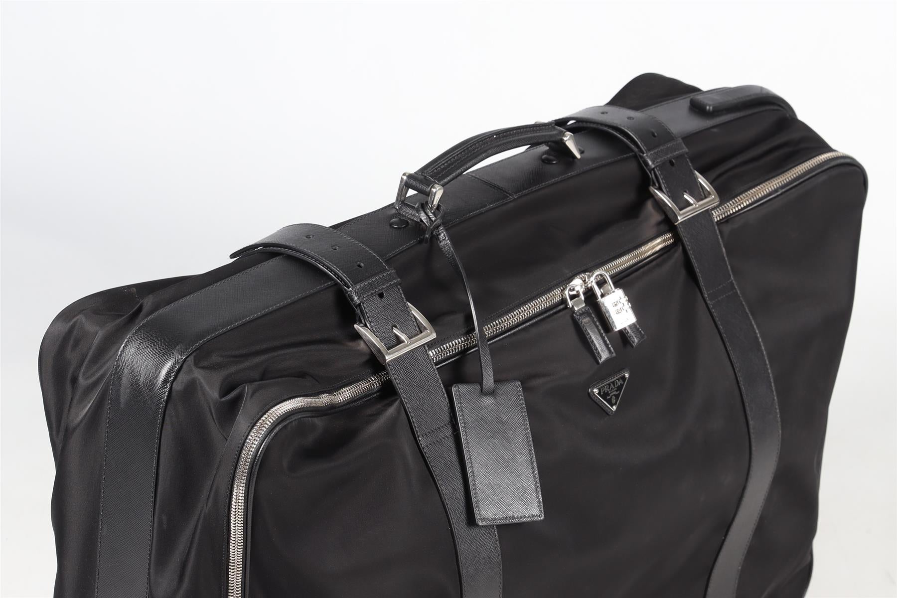 PRADA BLACK 70CM RE-NYLON AND SAFFIANO LEATHER SUITCASE