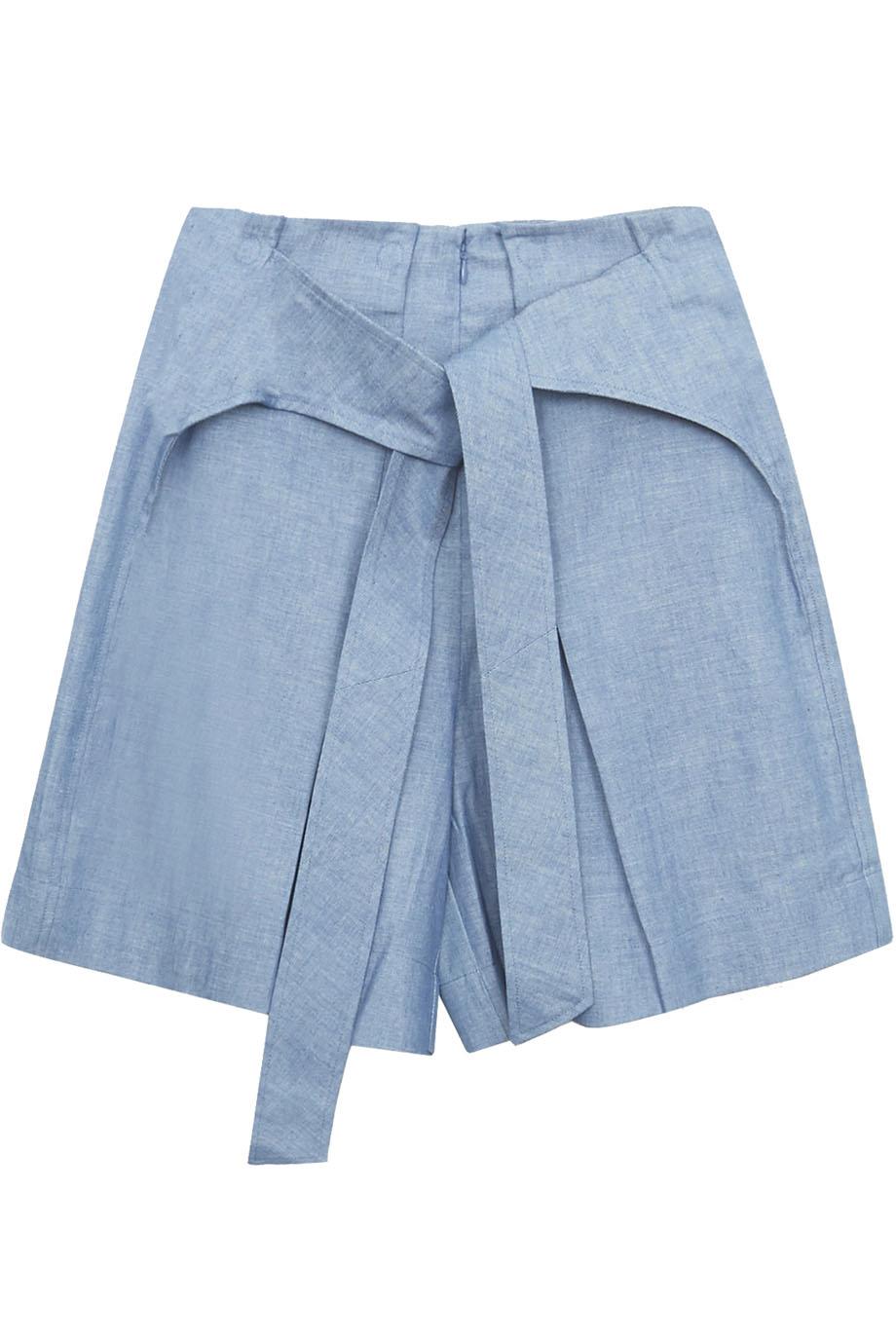 3.1 PHILLIP LIM TIE FRONT COTTON CHAMBRAY SHORTS US 2 UK 6