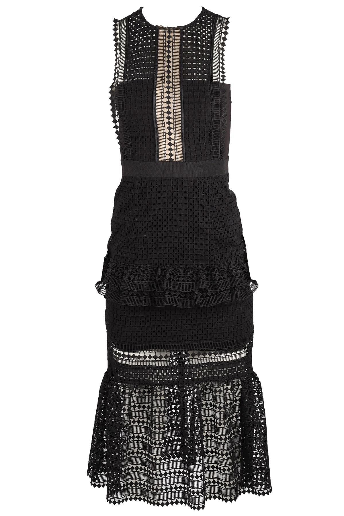 SELF-PORTRAIT BLACK CROCHET MIDI DRESS UK 8