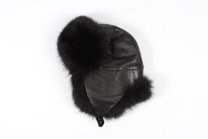 GREVI BLACK FOX FUR AND LEATHER HAT ONE SIZE