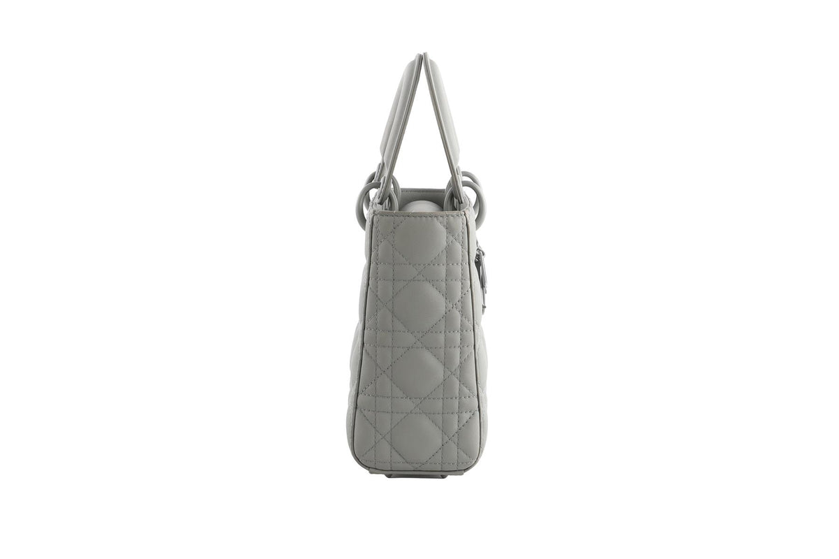 CHRISTIAN DIOR GREY LADY DIOR MY ABCDIOR SMALL ULTRAMATTE CANNAGE LEATHER TOTE BAG