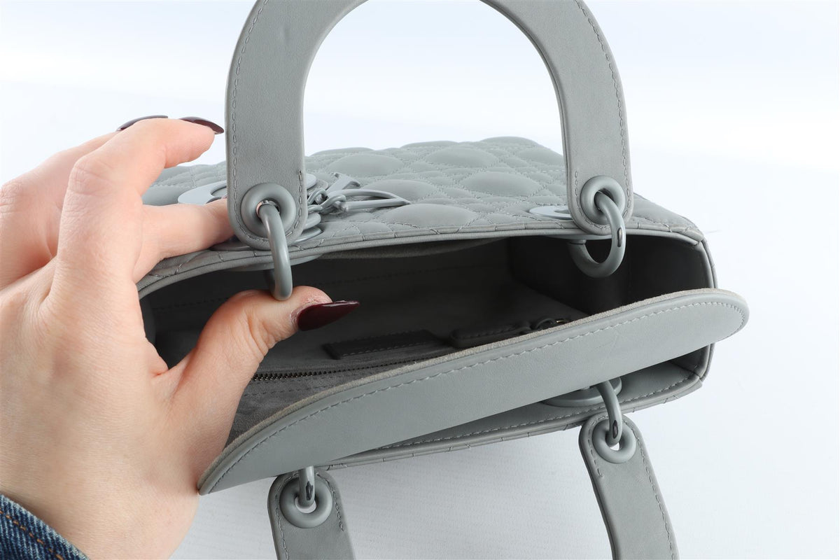 CHRISTIAN DIOR GREY LADY DIOR MY ABCDIOR SMALL ULTRAMATTE CANNAGE LEATHER TOTE BAG