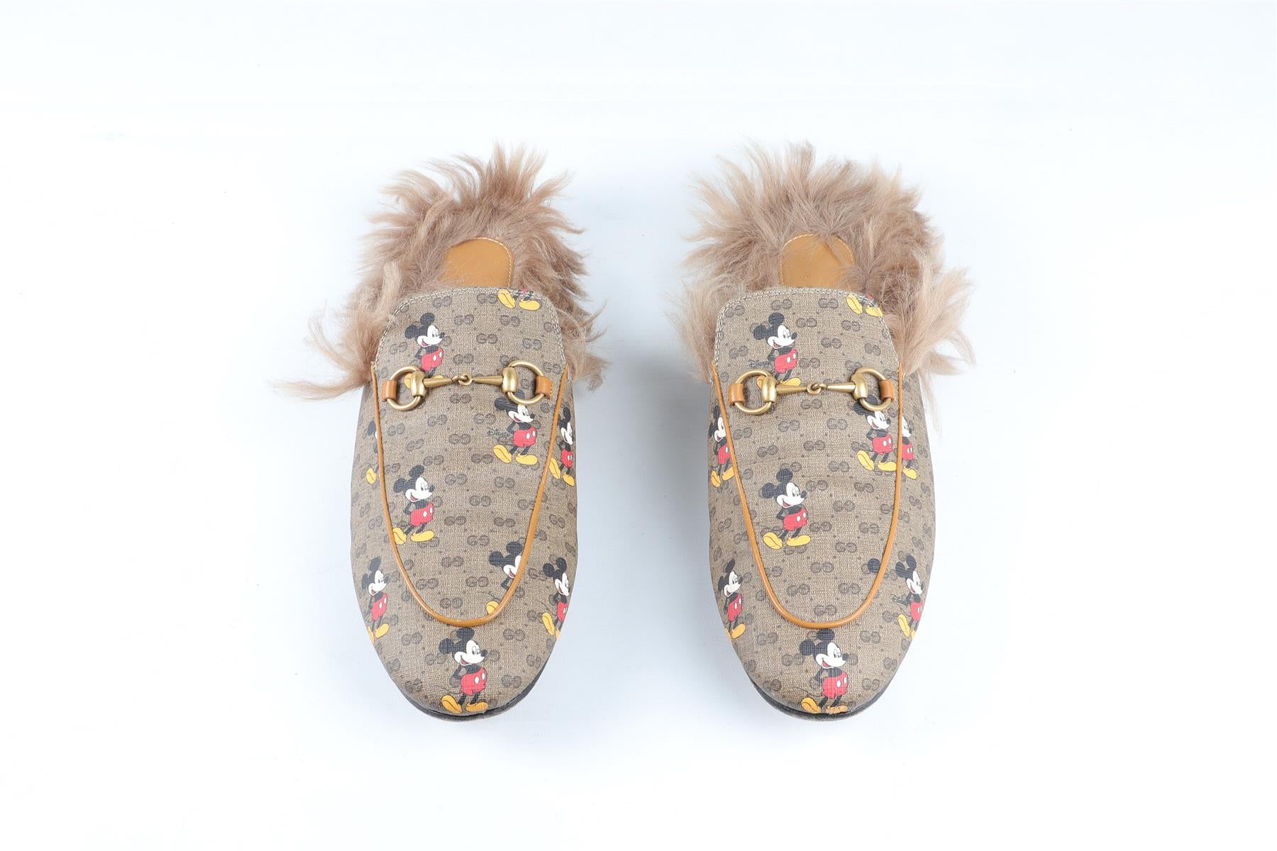 GUCCI + DISNEY BROWN PRINCETOWN CANVAS AND FAUX SHEARLING SLIPPERS EU 41 UK 8 US 11