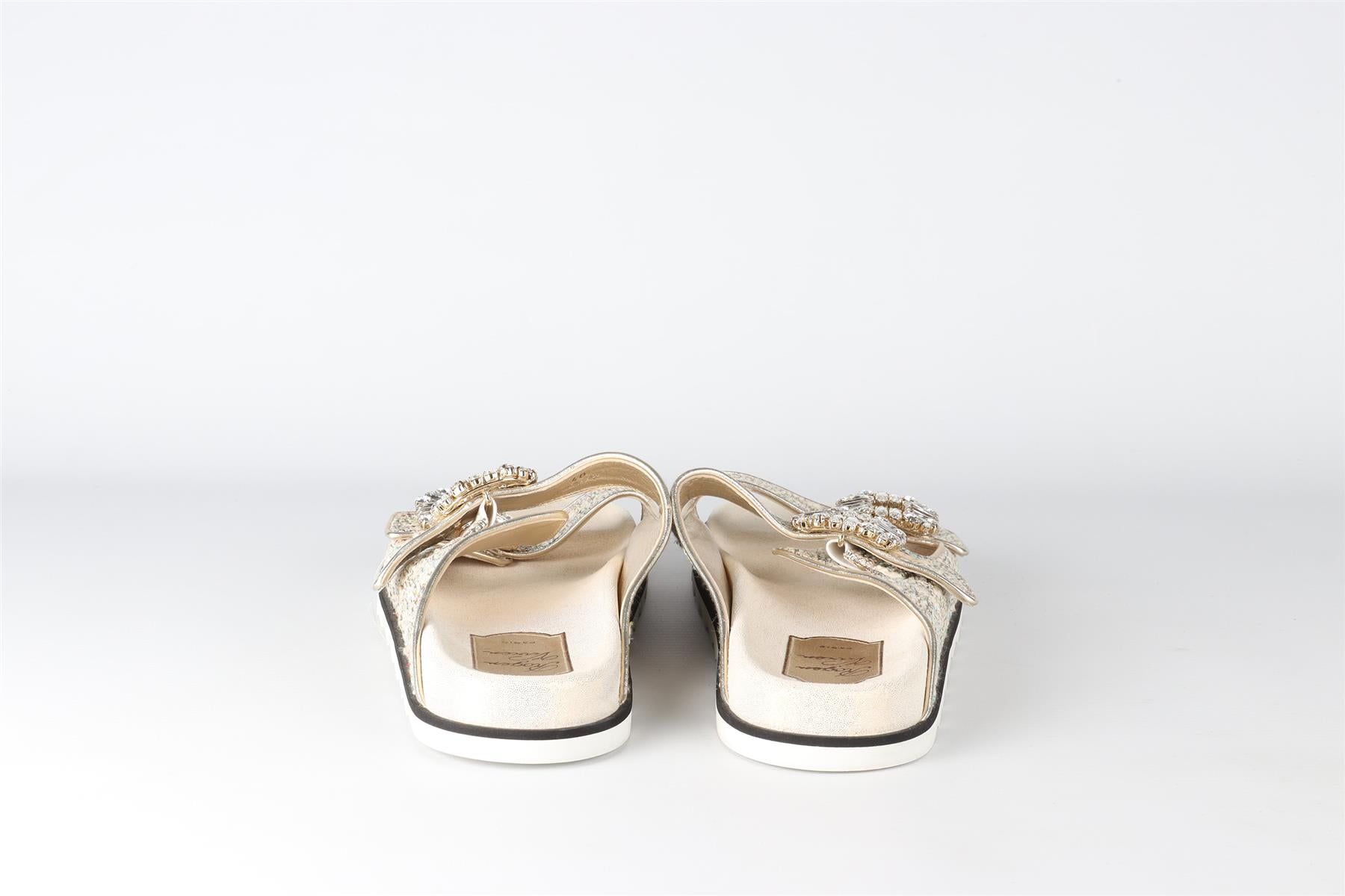 ROGER VIVIER GOLD CRYSTAL AND TWEED SANDALS EU 40 UK 7 US 10