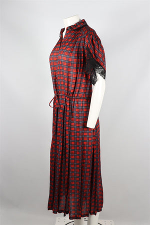 PREEN LINE RED, NAVY AND BLACK CHECKED SATIN MAXI DRESS MEDIUM