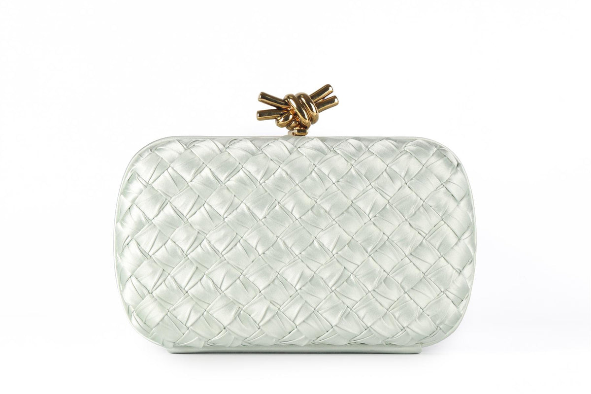 BOTTEGA VENETA GREEN KNOT INTRECCIATO SATIN CLUTCH