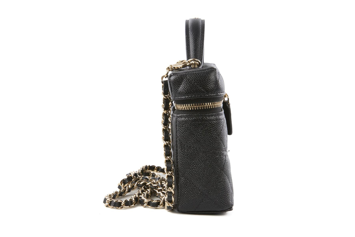 CHANEL BLACK 2025 VANITY CASE WITH CHAIN QUILTED CAVIAR LEATHER SHOULDER BAG