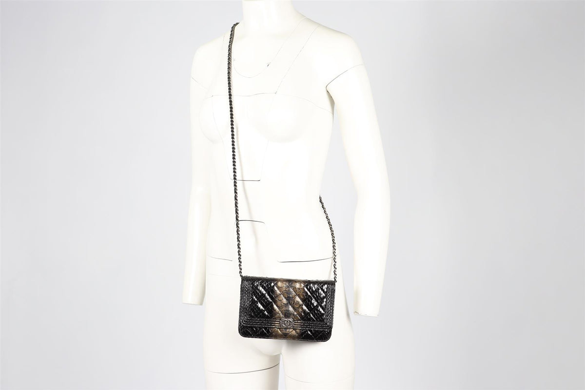 CHANEL BLACK 2014 BOY WALLET ON CHAIN PYTHON SHOULDER BAG