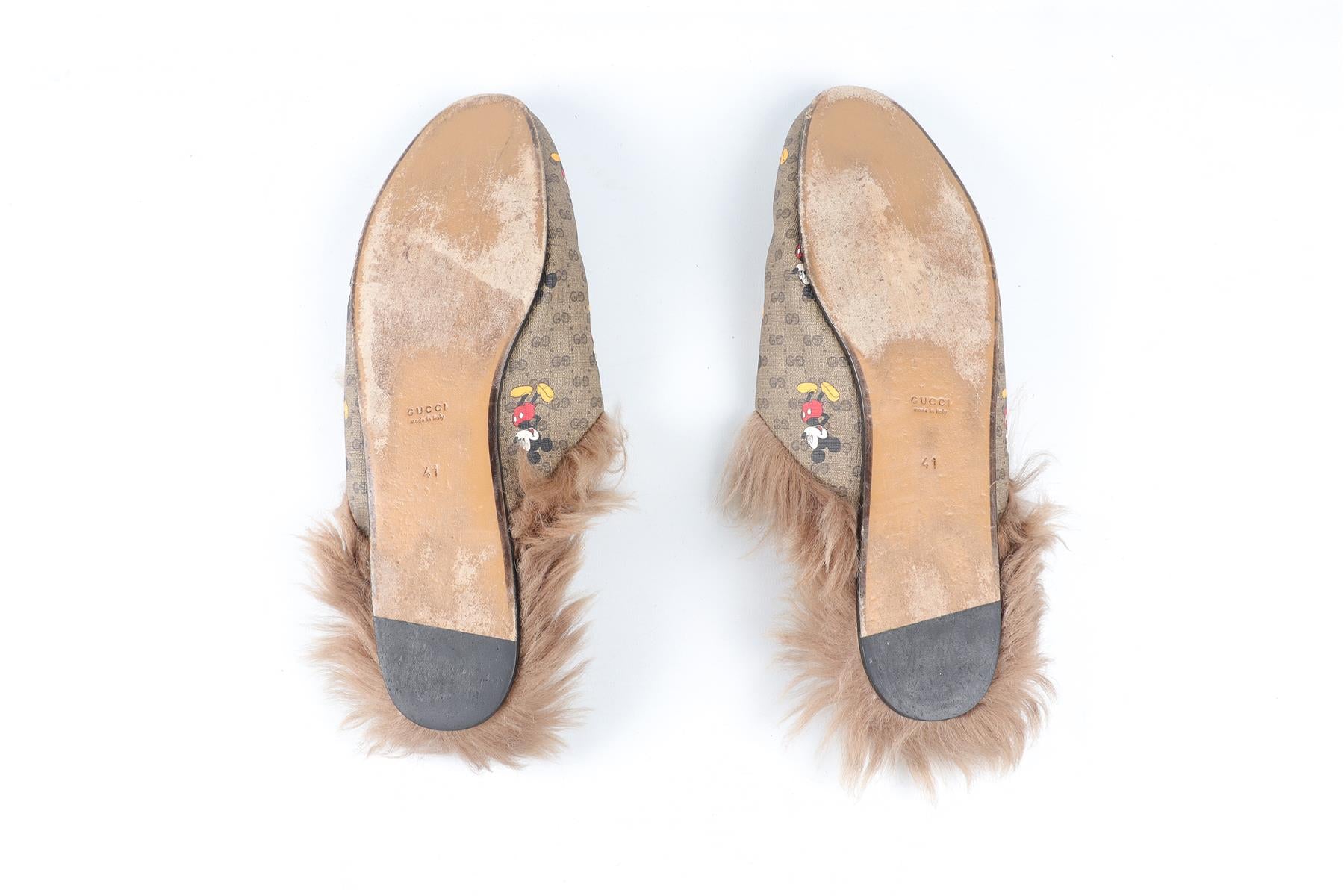 GUCCI + DISNEY BROWN PRINCETOWN CANVAS AND FAUX SHEARLING SLIPPERS EU 41 UK 8 US 11