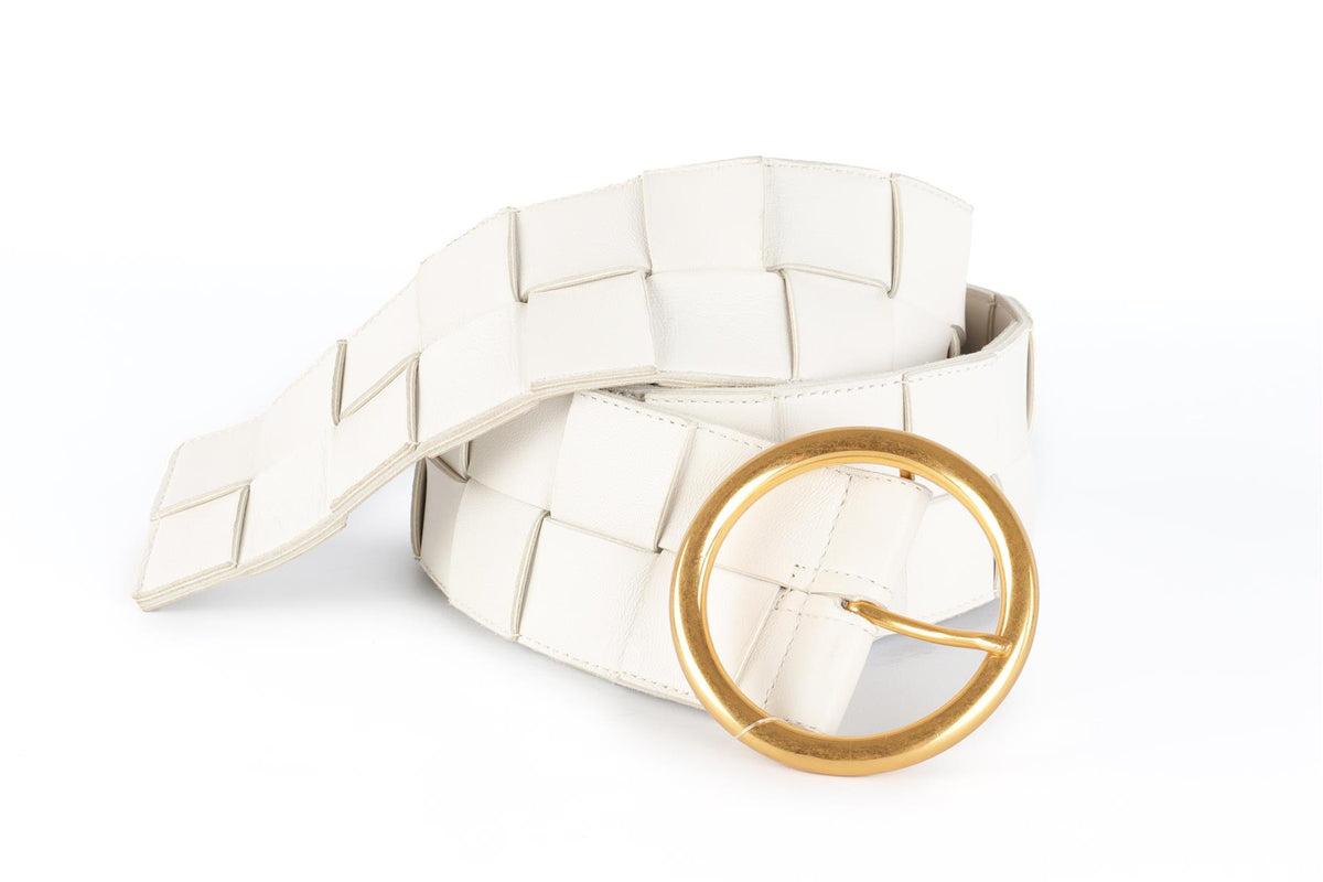 BOTTEGA VENETA WHITE INTRECCIATO LEATHER WAIST BELT 85 CM