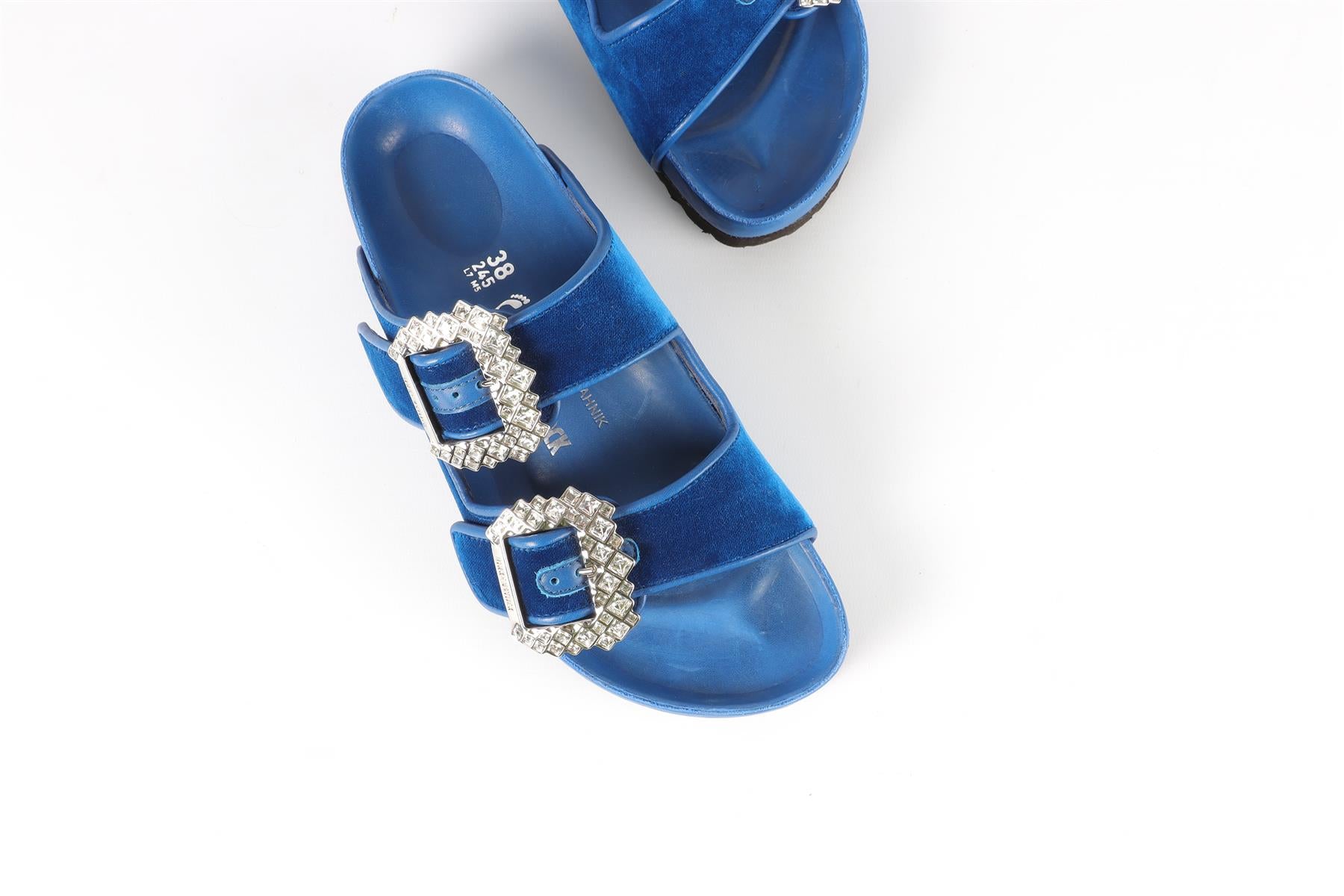 MANOLO BLAHNIK + BIRKENSTOCK BLUE VELVET SANDALS EU 38 UK 5 US 8