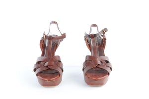 YVES SAINT LAURENT BROWN LEATHER PLATFORM SANDALS