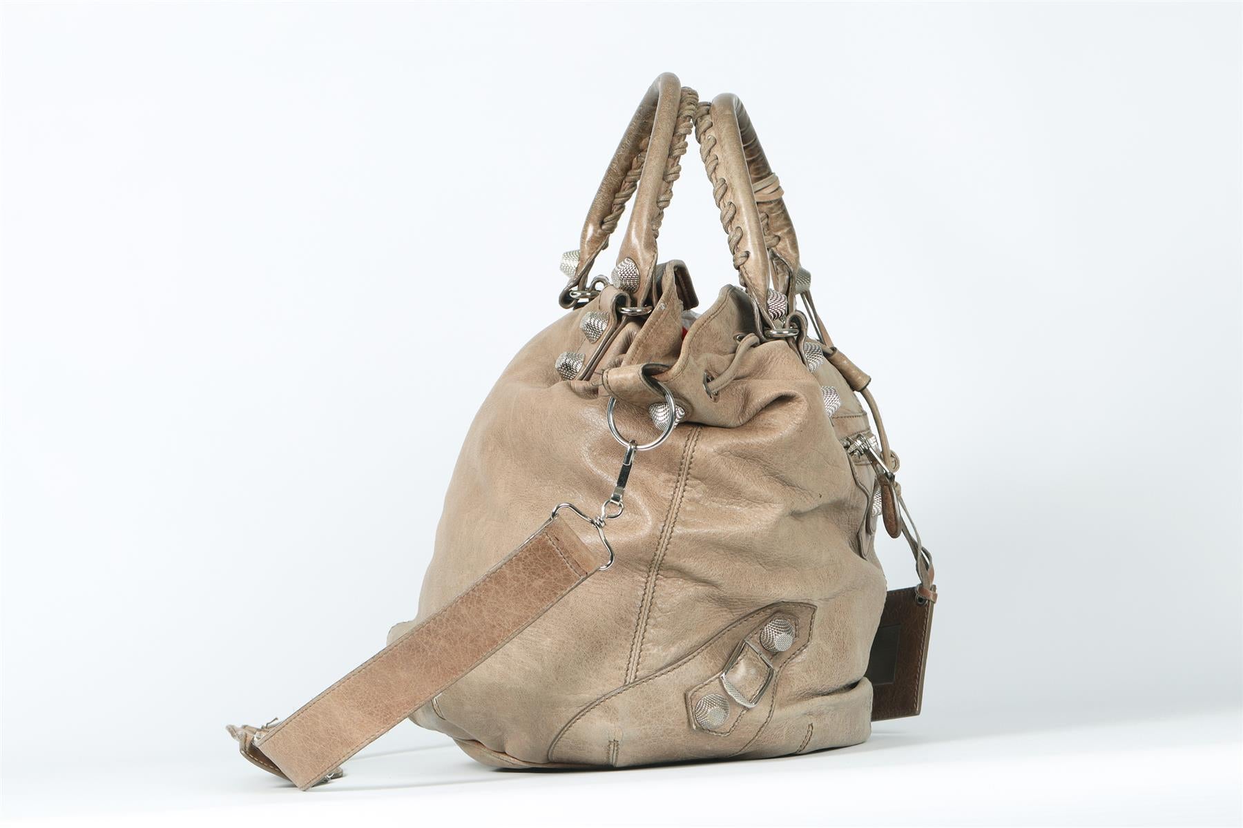 BALENCIAGA TAUPE GIANT 21 POMPON LEATHER BUCKET BAG