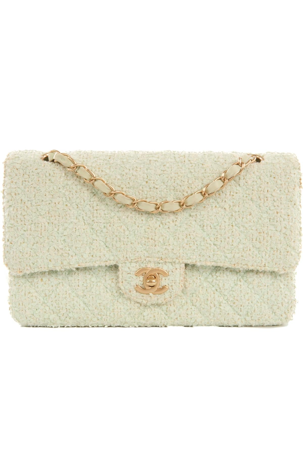 CHANEL GREEN 2003-2004 CLASSIC DOUBLE FLAP MEDIUM TWEED SHOULDER BAG